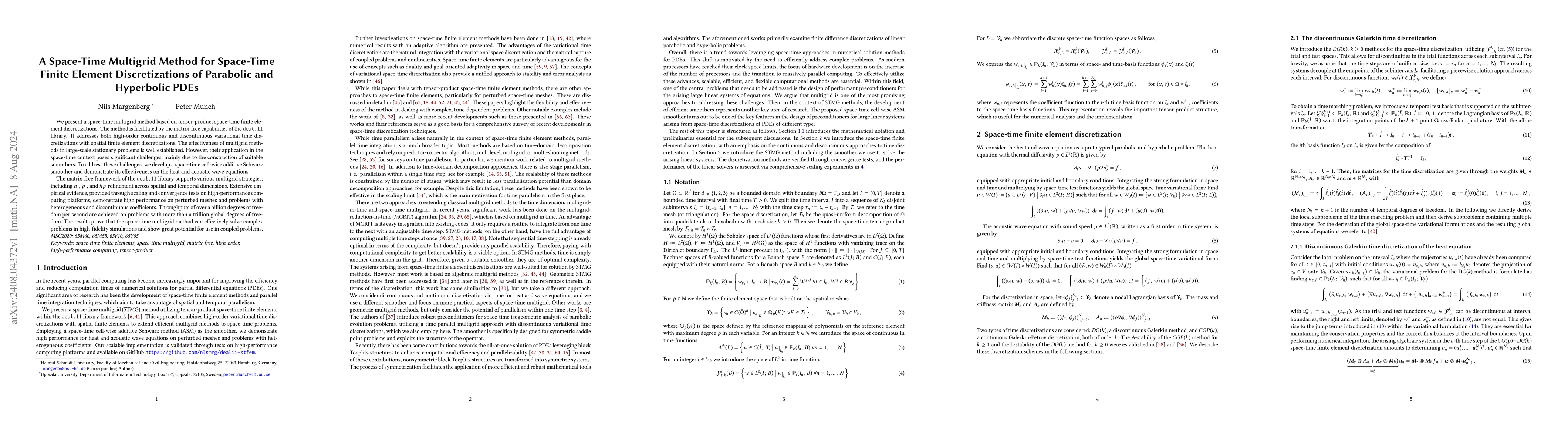 Thumbnail for A Space-Time Multigrid Method for Space-Time Finite Element
  Discretizations of Parabolic and Hyperbolic PDEs