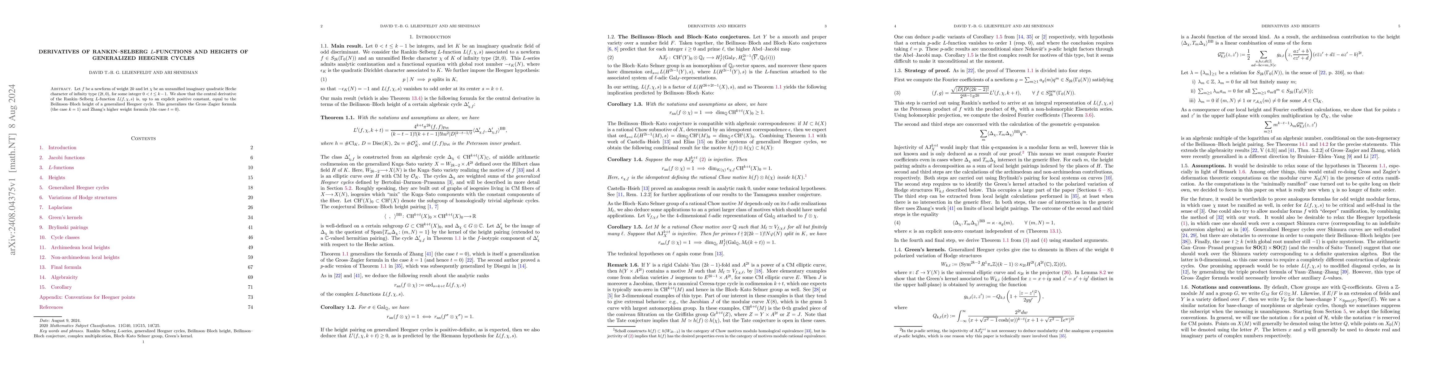 Thumbnail for Derivatives of Rankin-Selberg $L$-functions and heights of generalized
  Heegner cycles