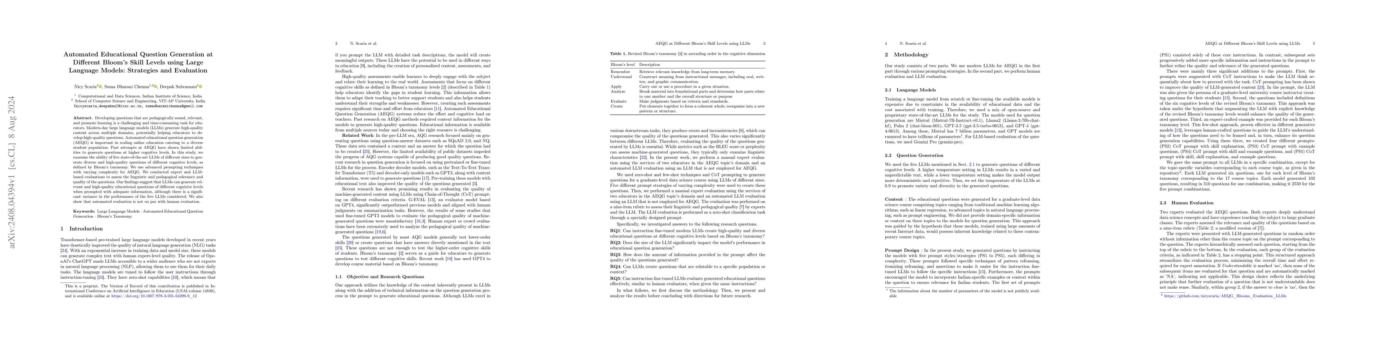 Thumbnail for Automated Educational Question Generation at Different Bloom's Skill
  Levels using Large Language Models: Strategies and Evaluation