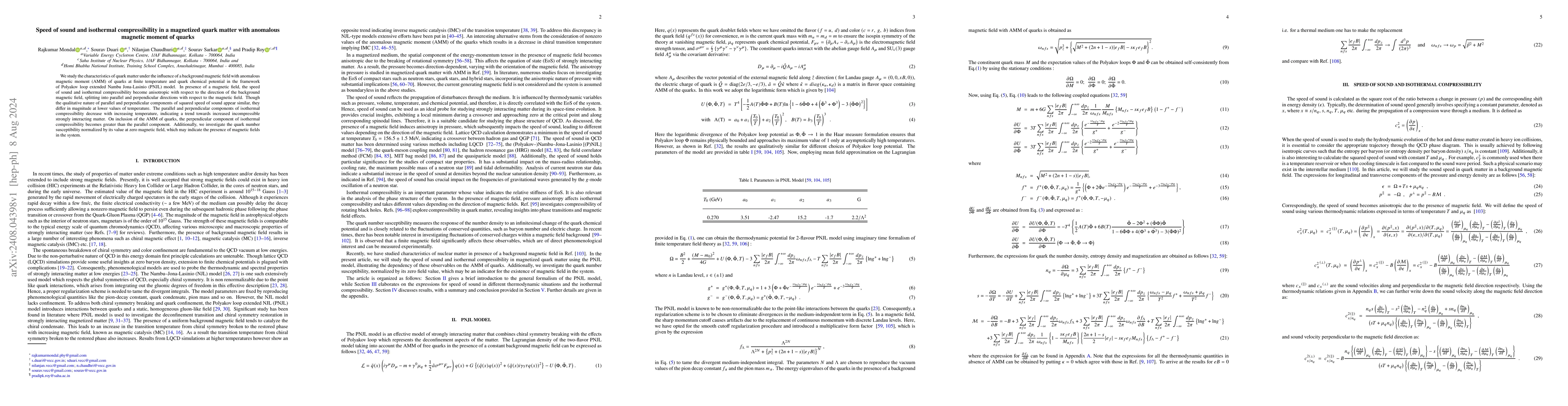 Thumbnail for Speed of sound and isothermal compressibility in a magnetized quark
  matter with anomalous magnetic moment of quarks