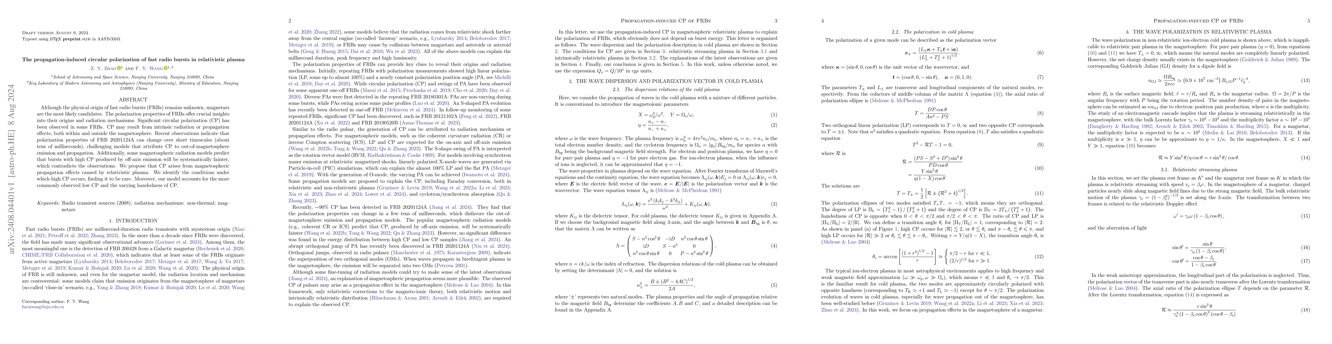Thumbnail for The propagation-induced circular polarization of fast radio bursts in
  relativistic plasma