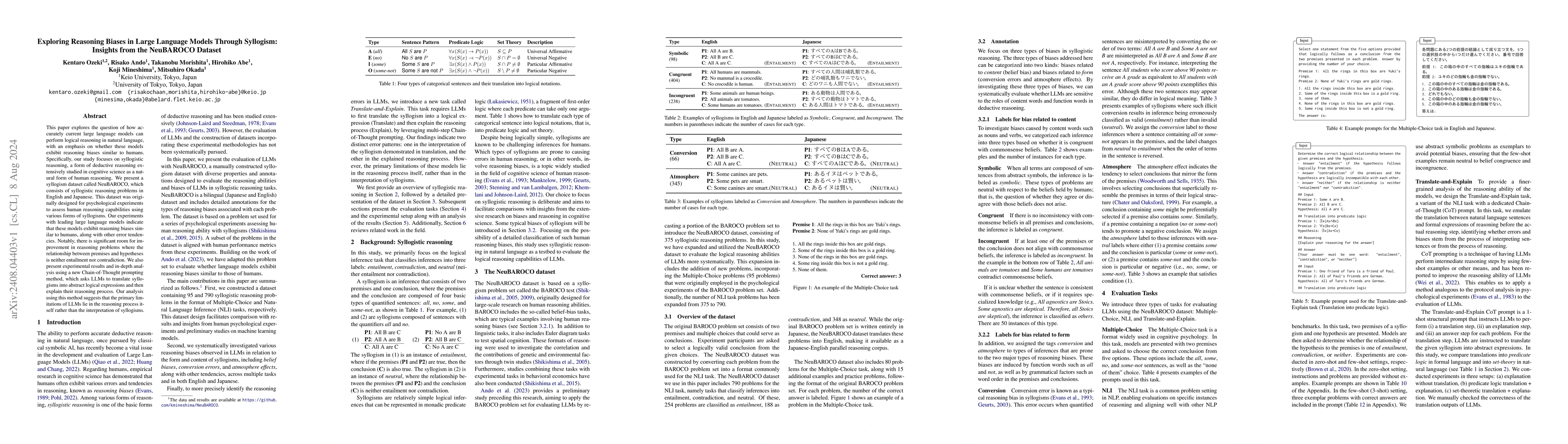 Thumbnail for Exploring Reasoning Biases in Large Language Models Through Syllogism:
  Insights from the NeuBAROCO Dataset
