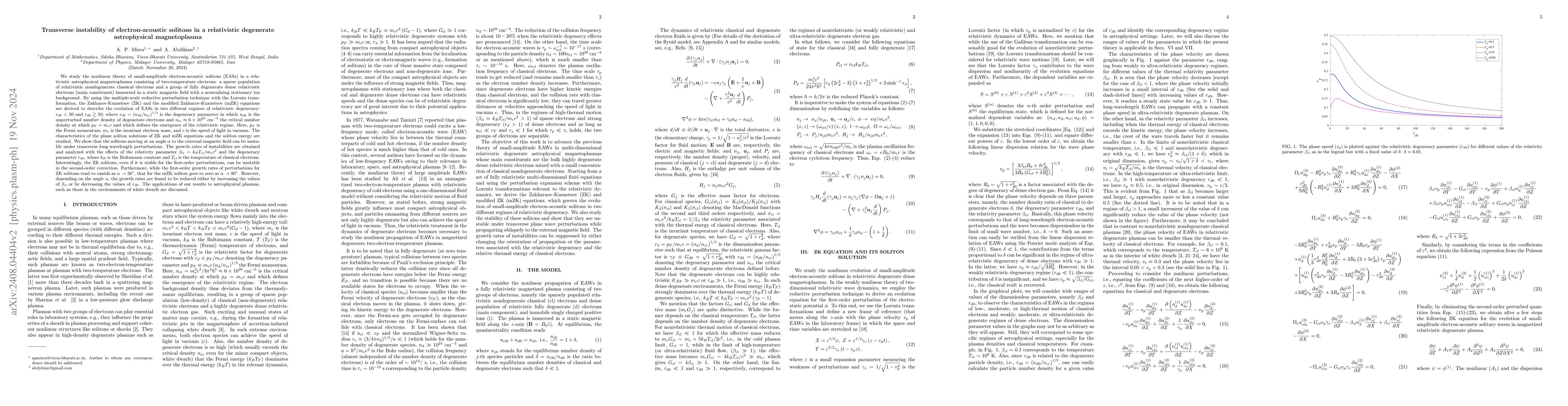 Thumbnail for Transverse instability of electron-acoustic solitons in a relativistic
  degenerate astrophysical magnetoplasma