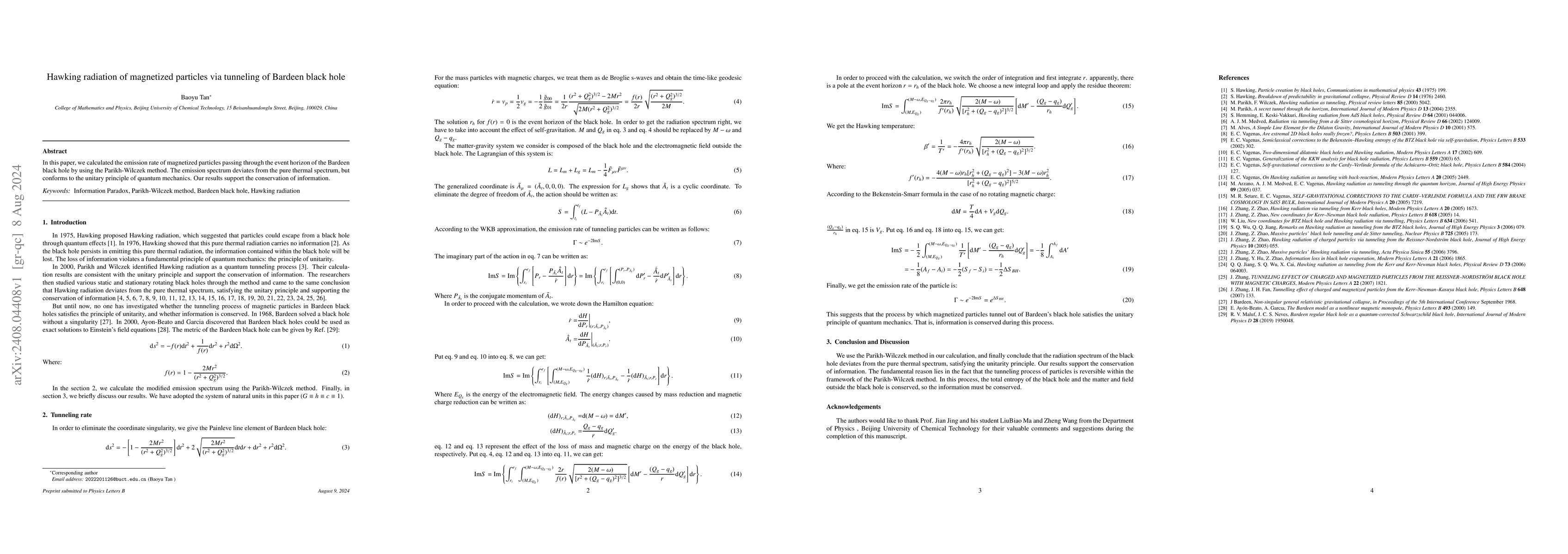 Thumbnail for Hawking radiation of magnetized particles via tunneling of Bardeen black
  hole