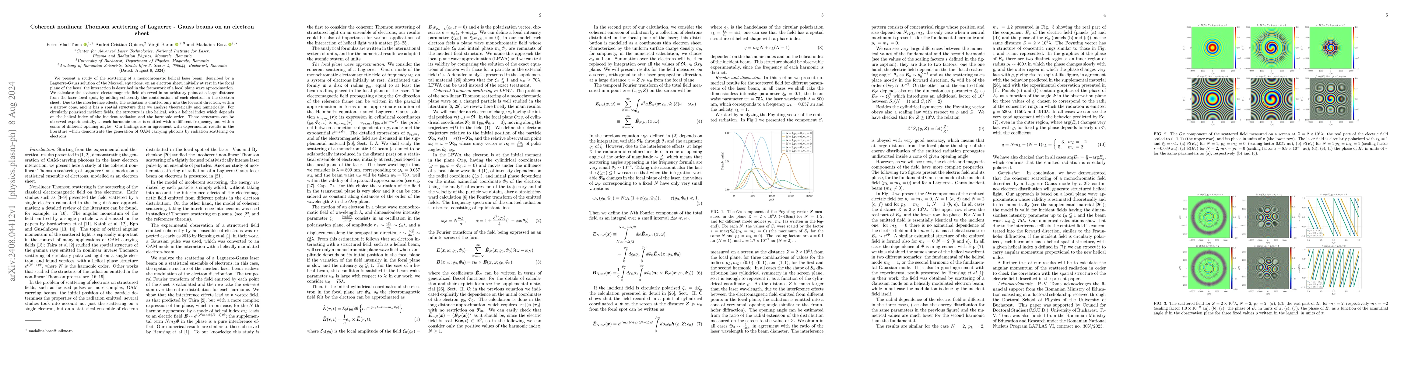 Thumbnail for Coherent nonlinear Thomson scattering of Laguerre-Gauss beams on an
  electron sheet
