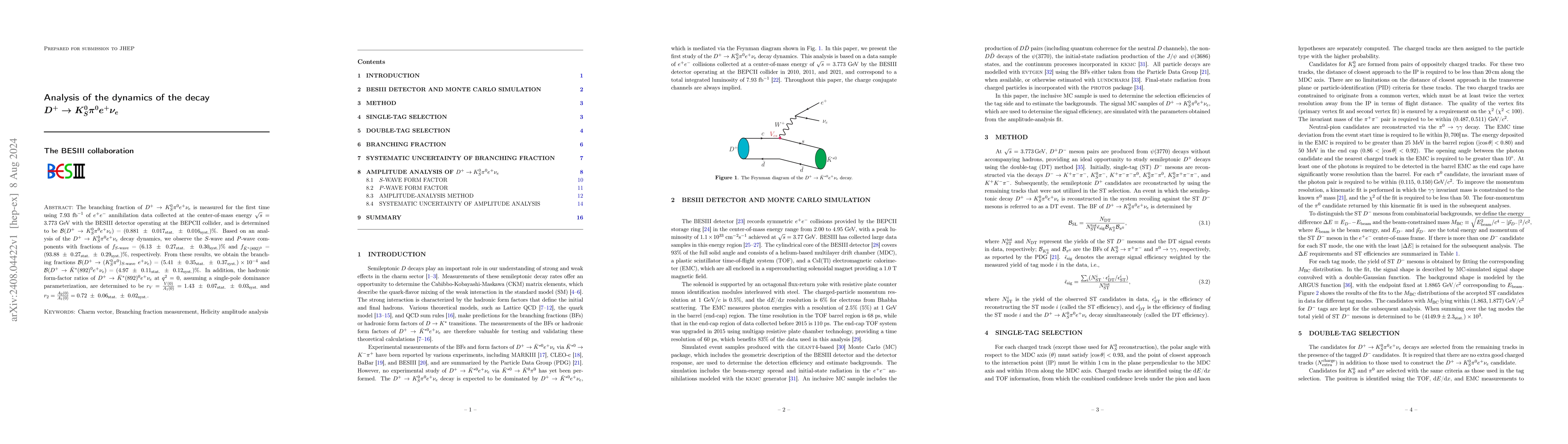 Thumbnail for Analysis of the dynamics of the decay $D^{+}\to K_{S}^{0} π^{0}
  e^{+}ν_{e}$