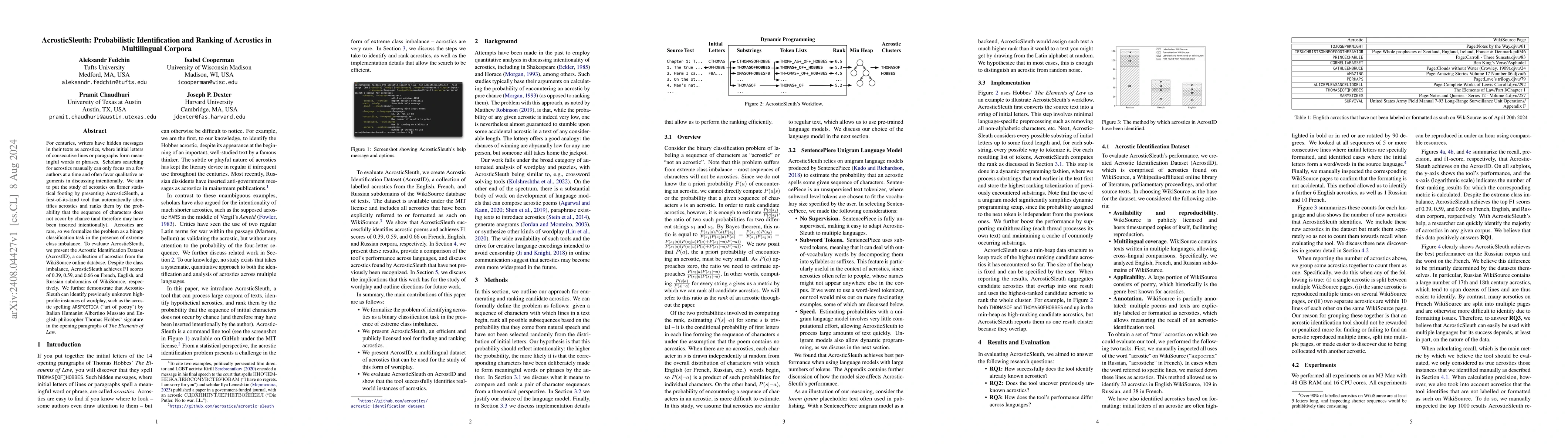 Thumbnail for AcrosticSleuth: Probabilistic Identification and Ranking of Acrostics in
  Multilingual Corpora