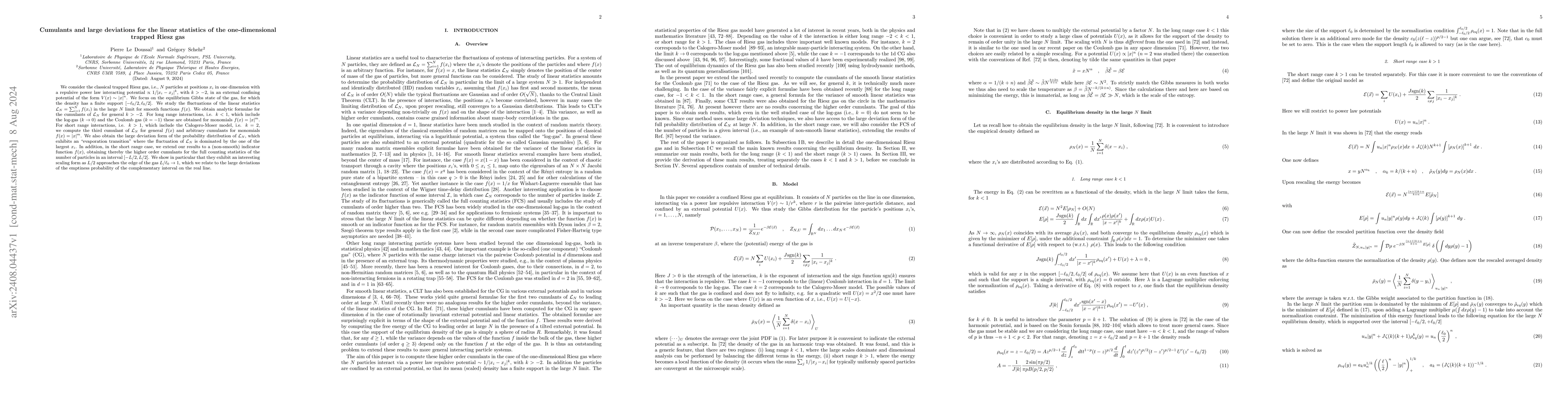 Thumbnail for Cumulants and large deviations for the linear statistics of the
  one-dimensional trapped Riesz gas