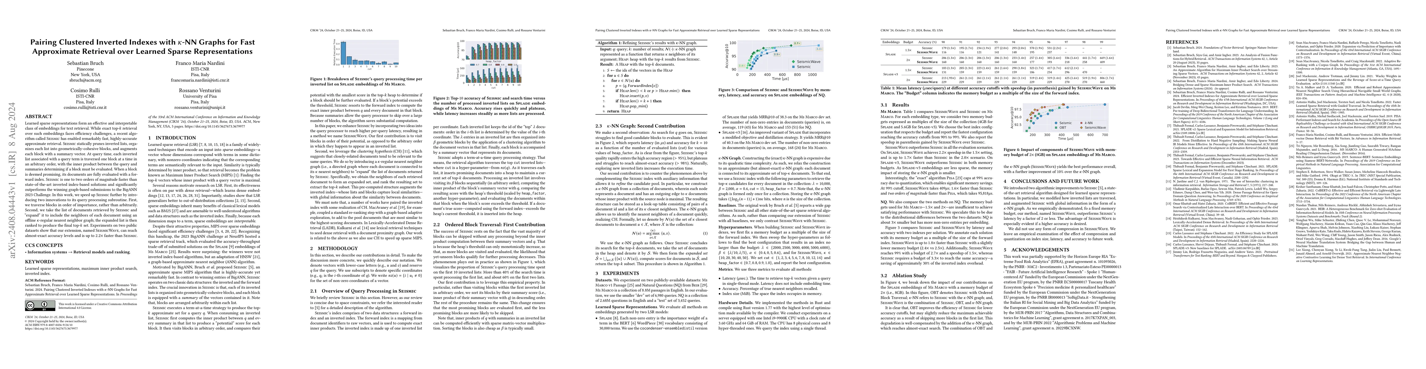 Thumbnail for Pairing Clustered Inverted Indexes with kNN Graphs for Fast Approximate
  Retrieval over Learned Sparse Representations