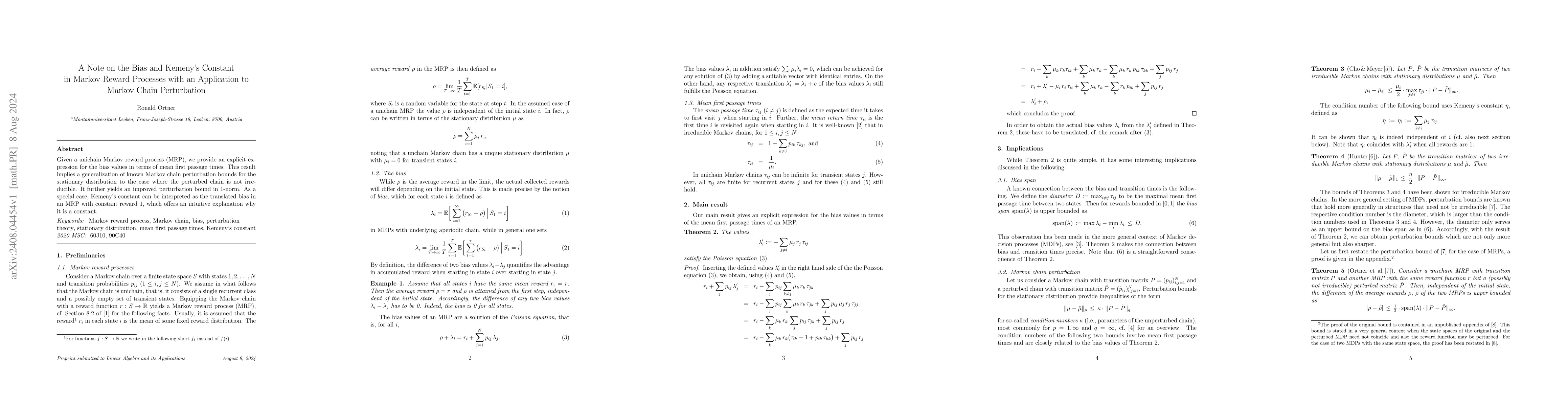 Thumbnail for A Note on the Bias and Kemeny's Constant in Markov Reward Processes with
  an Application to Markov Chain Perturbation