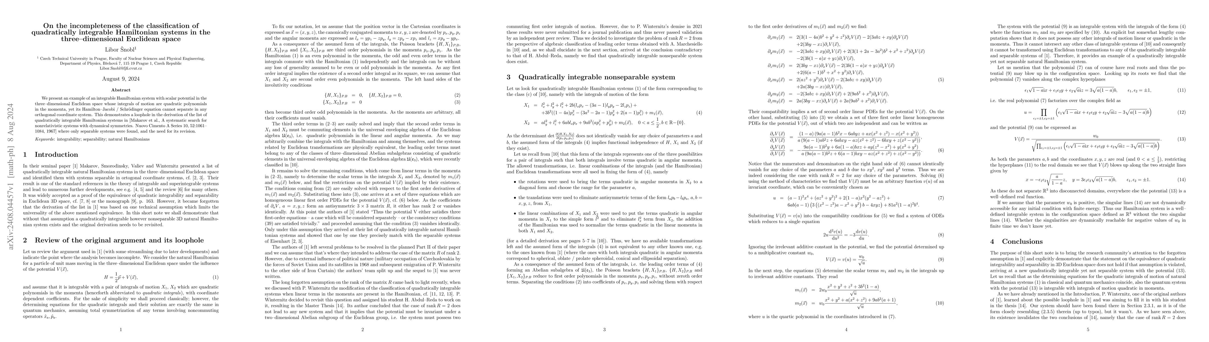 Thumbnail for On the incompleteness of the classification of quadratically integrable
  Hamiltonian systems in the three-dimensional Euclidean space