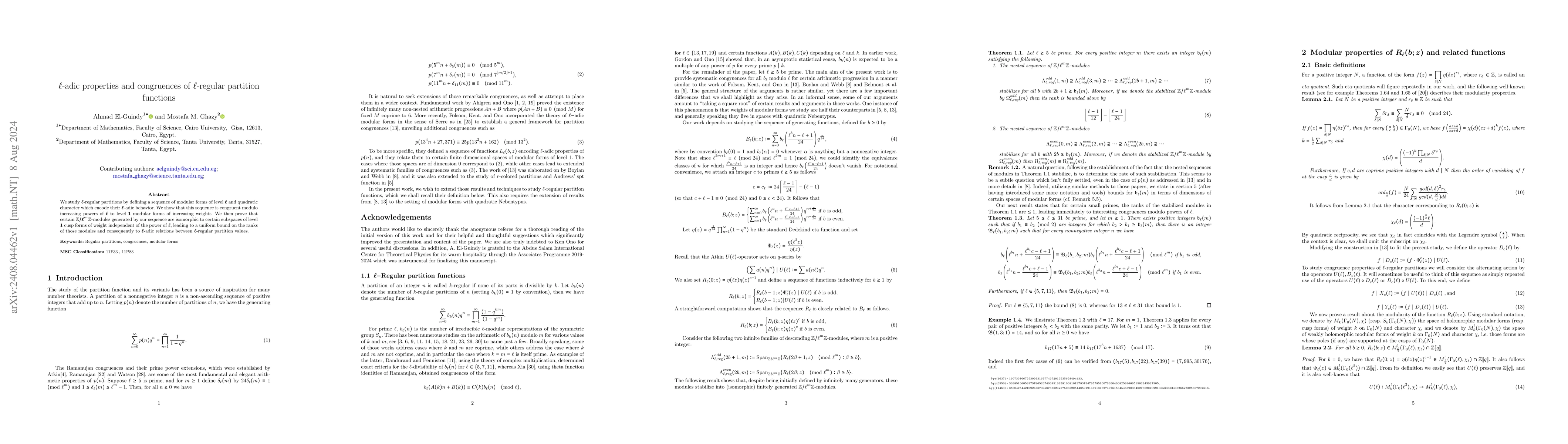 Thumbnail for $\ell$-adic properties and congruences of $\ell$-regular partition
  functions