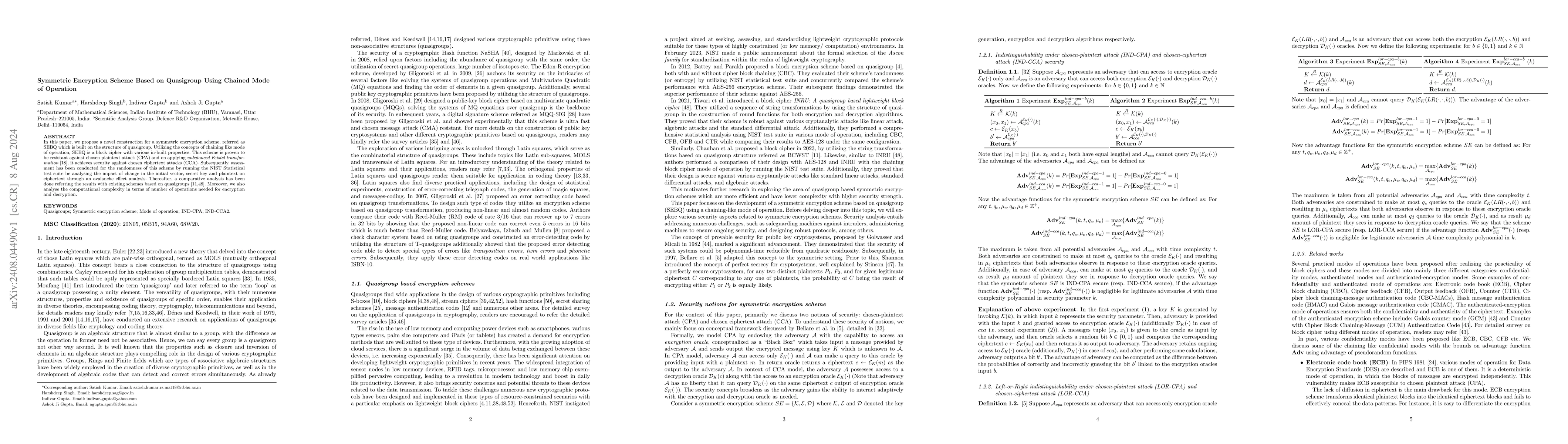 Thumbnail for Symmetric Encryption Scheme Based on Quasigroup Using Chained Mode of
  Operation