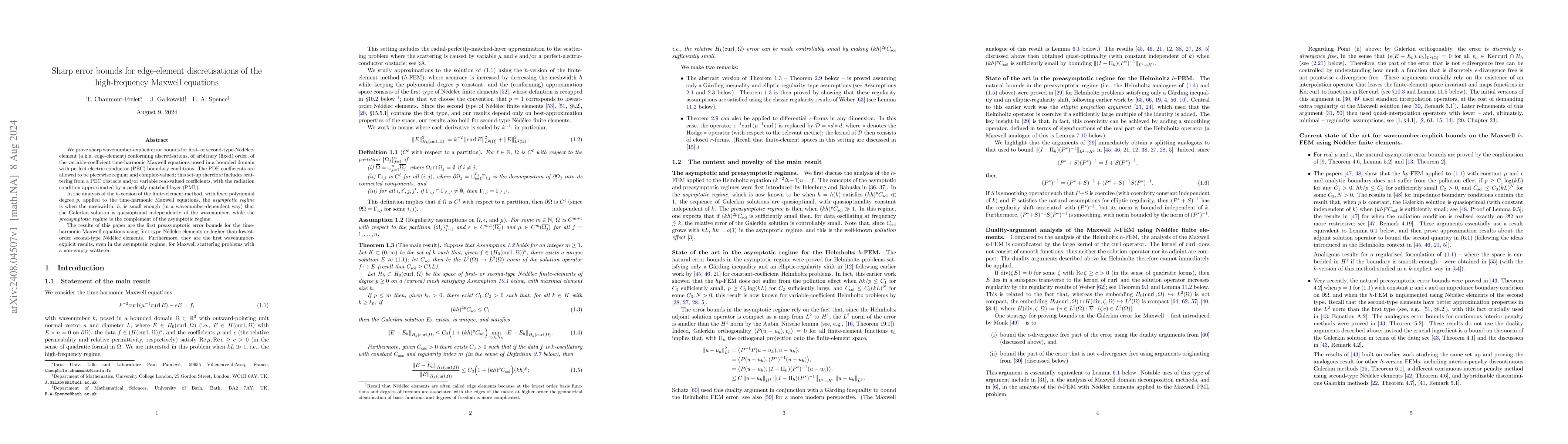 Thumbnail for Sharp error bounds for edge-element discretisations of the
  high-frequency Maxwell equations