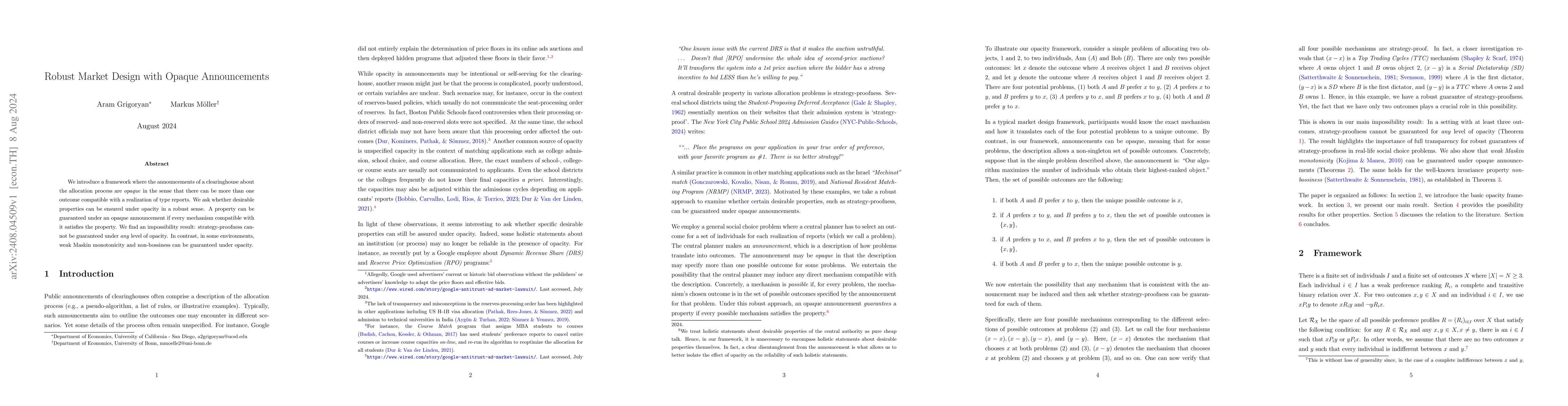 Thumbnail for Robust Market Design with Opaque Announcements