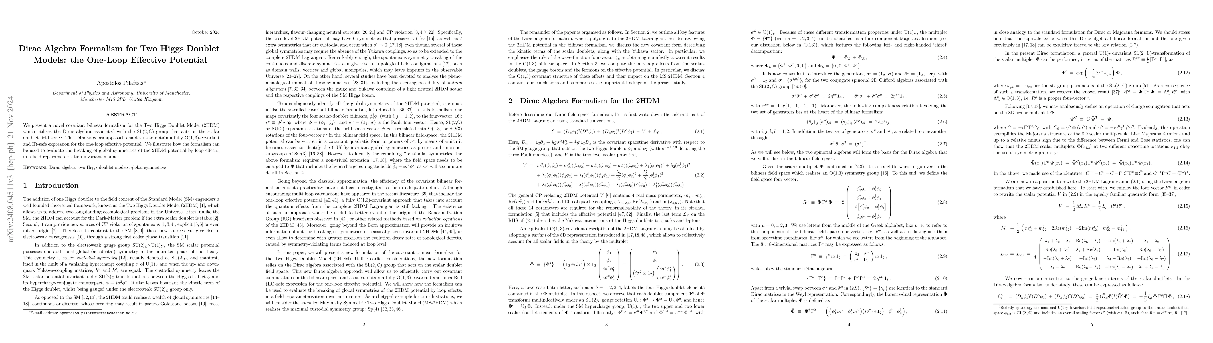 Thumbnail for Dirac Algebra Formalism for Two Higgs Doublet Models: the One-Loop
  Effective Potential