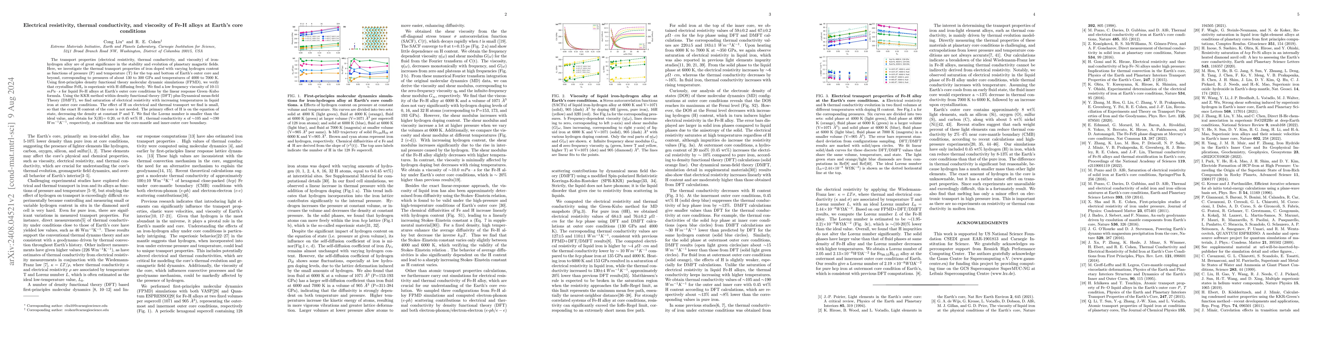 Thumbnail for Electrical resistivity, thermal conductivity, and viscosity of Fe-H
  alloys at Earth's core conditions