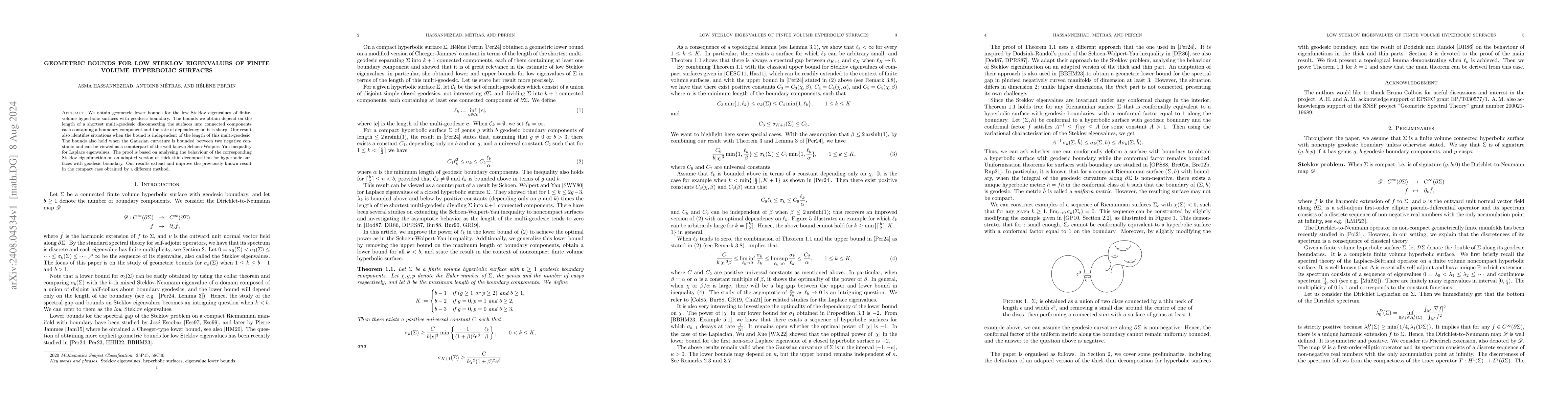 Thumbnail for Geometric bounds for low Steklov eigenvalues of finite volume hyperbolic
  surfaces