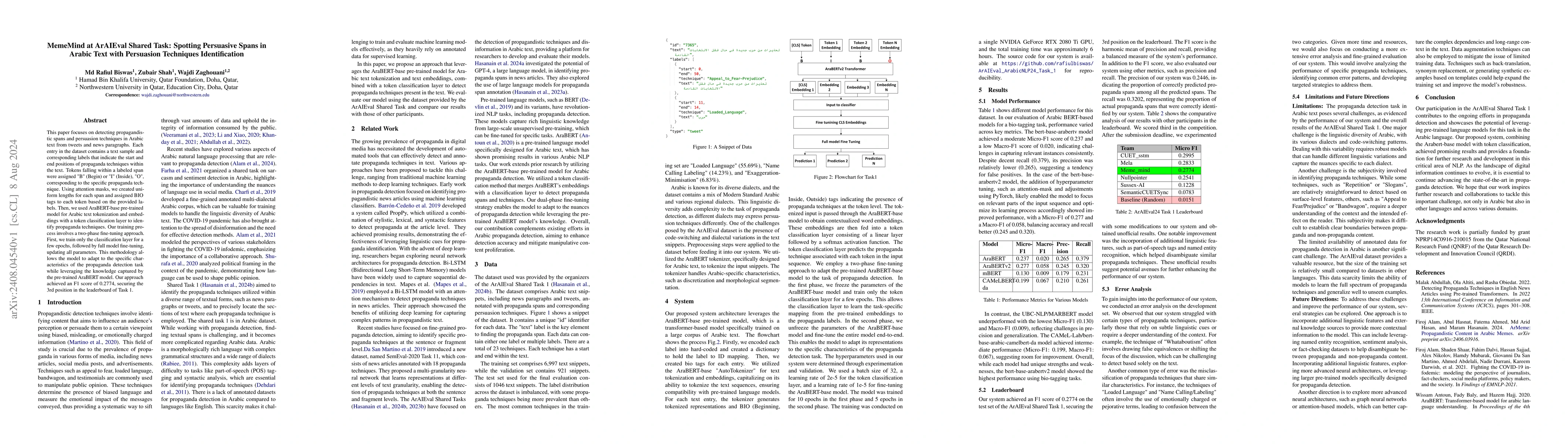 Thumbnail for MemeMind at ArAIEval Shared Task: Spotting Persuasive Spans in Arabic
  Text with Persuasion Techniques Identification