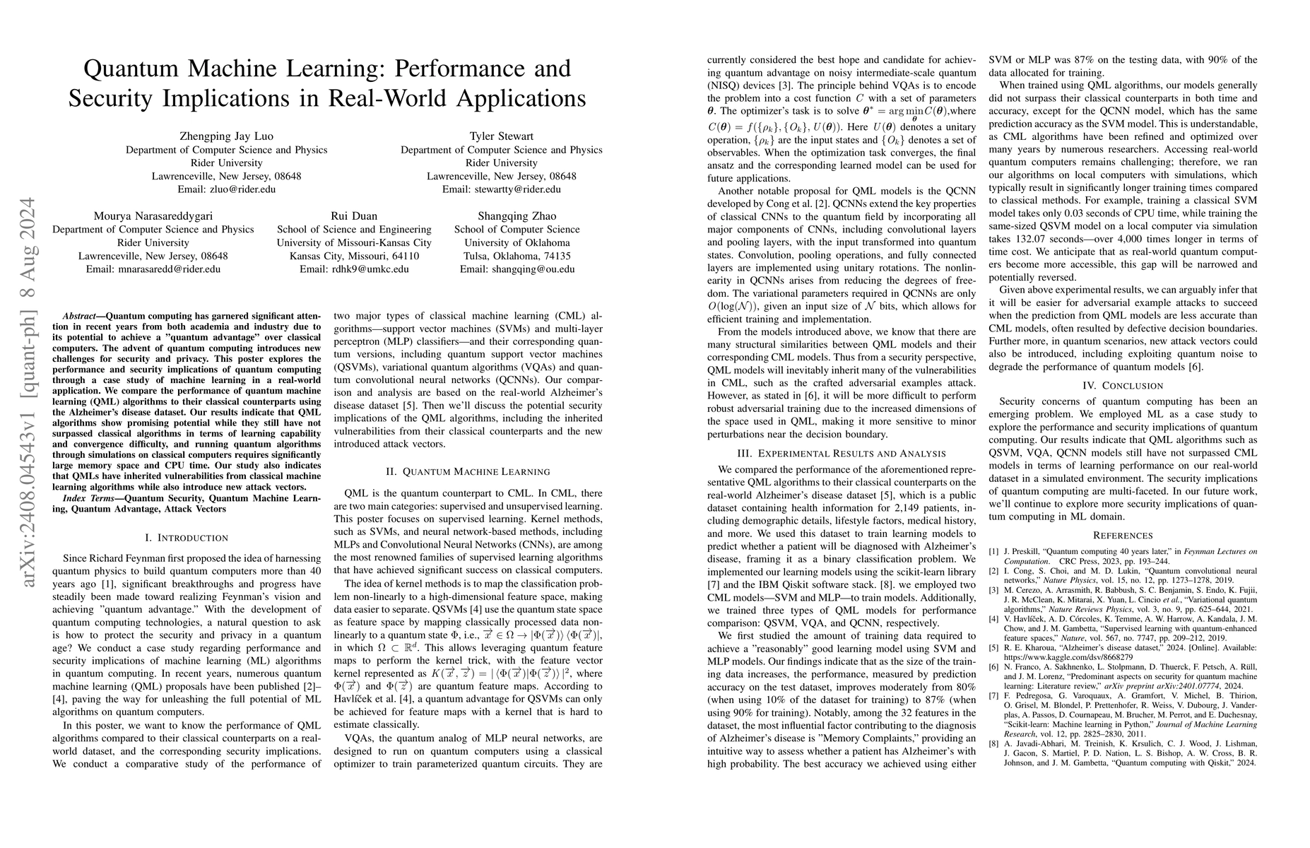 Thumbnail for Quantum Machine Learning: Performance and Security Implications in
  Real-World Applications