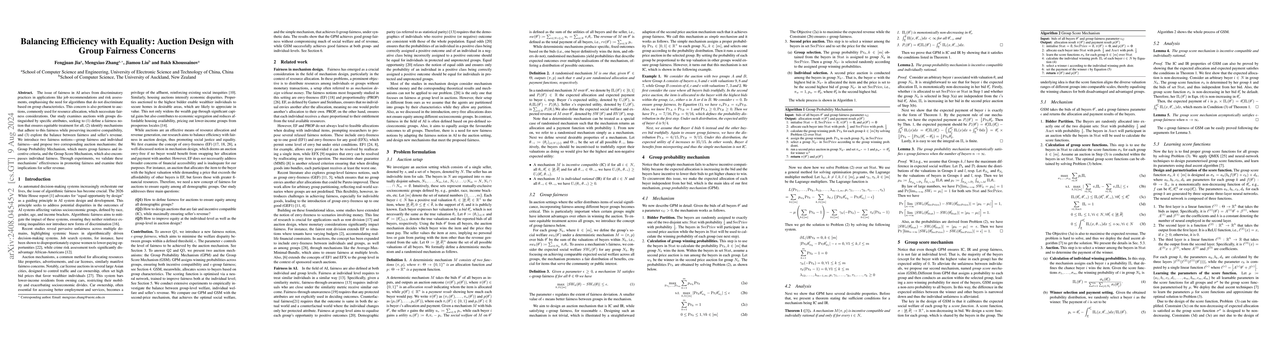 Thumbnail for Balancing Efficiency with Equality: Auction Design with Group Fairness
  Concerns