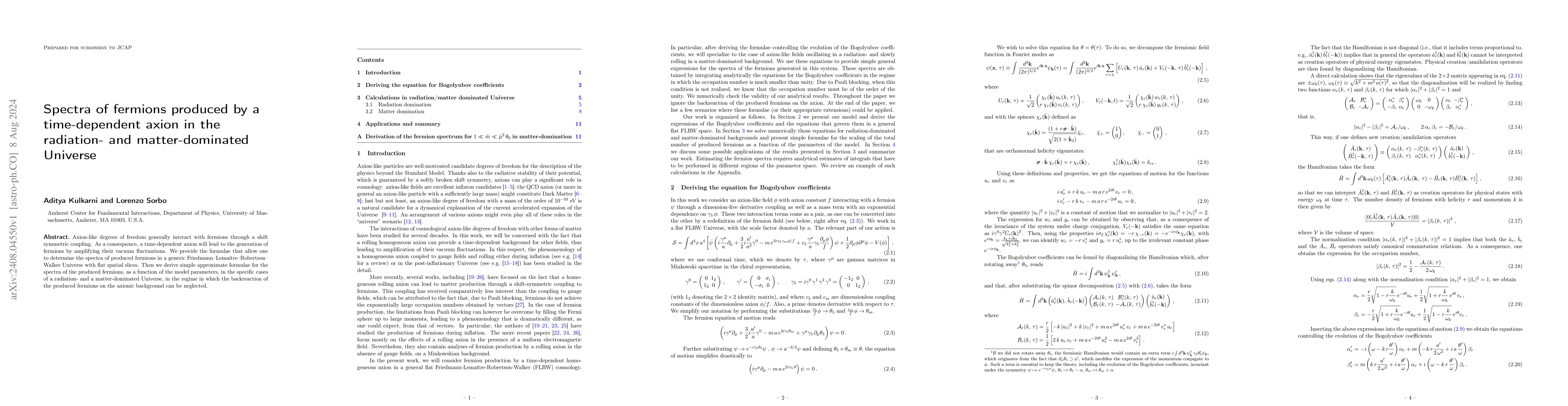 Thumbnail for Spectra of fermions produced by a time-dependent axion in the radiation-
  and matter-dominated Universe