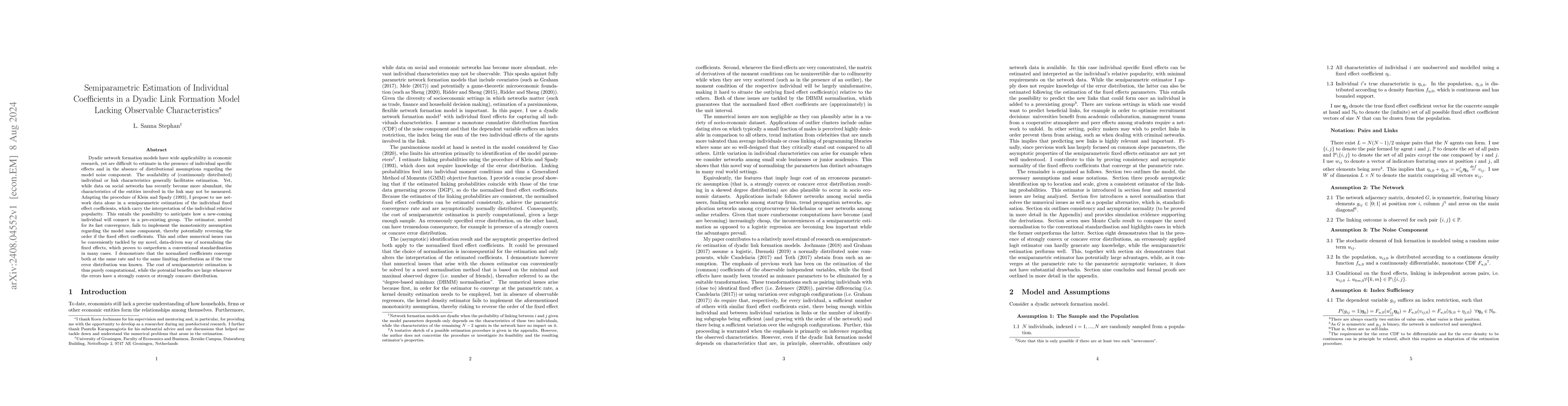 Thumbnail for Semiparametric Estimation of Individual Coefficients in a Dyadic Link
  Formation Model Lacking Observable Characteristics