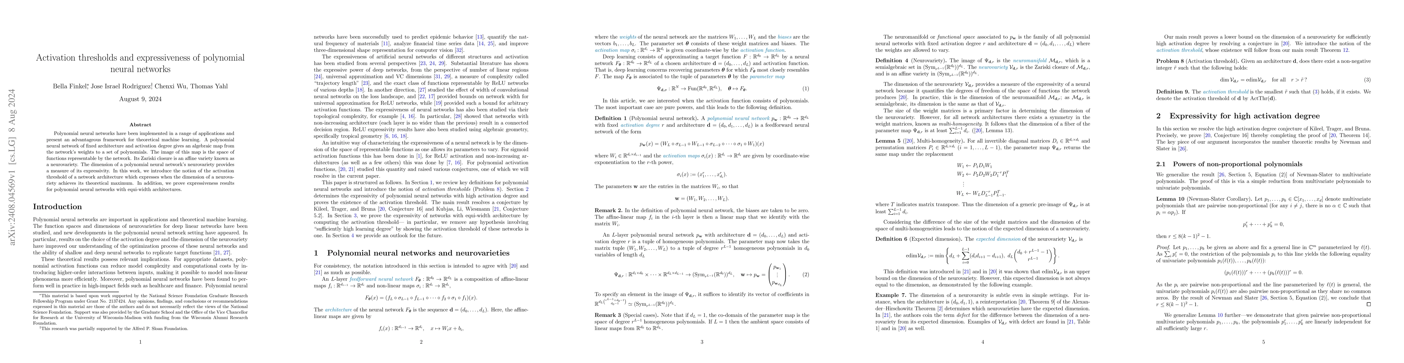 Thumbnail for Activation thresholds and expressiveness of polynomial neural networks