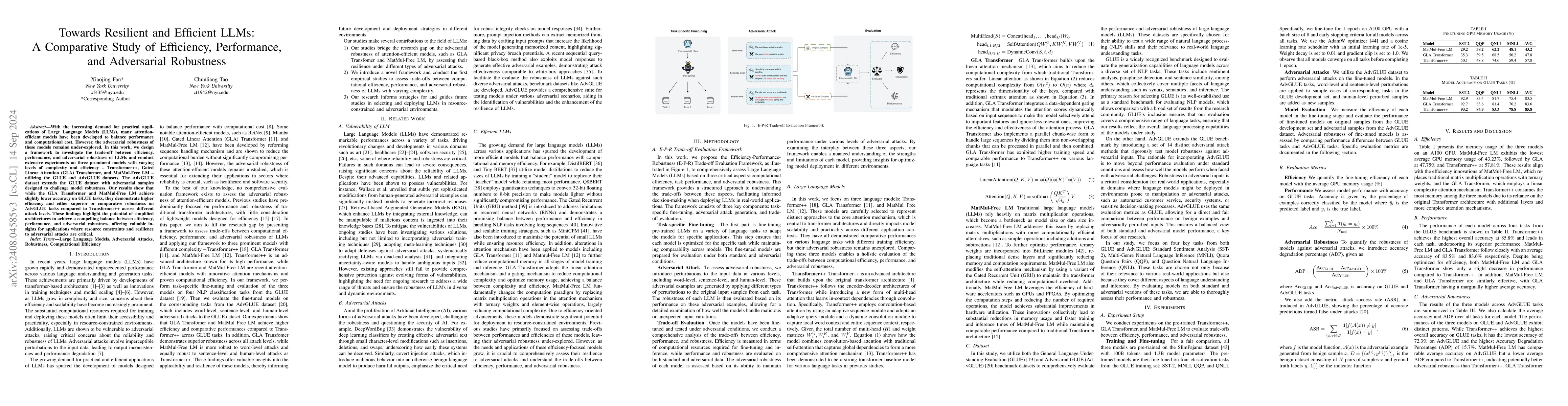 Thumbnail for Towards Resilient and Efficient LLMs: A Comparative Study of Efficiency,
  Performance, and Adversarial Robustness
