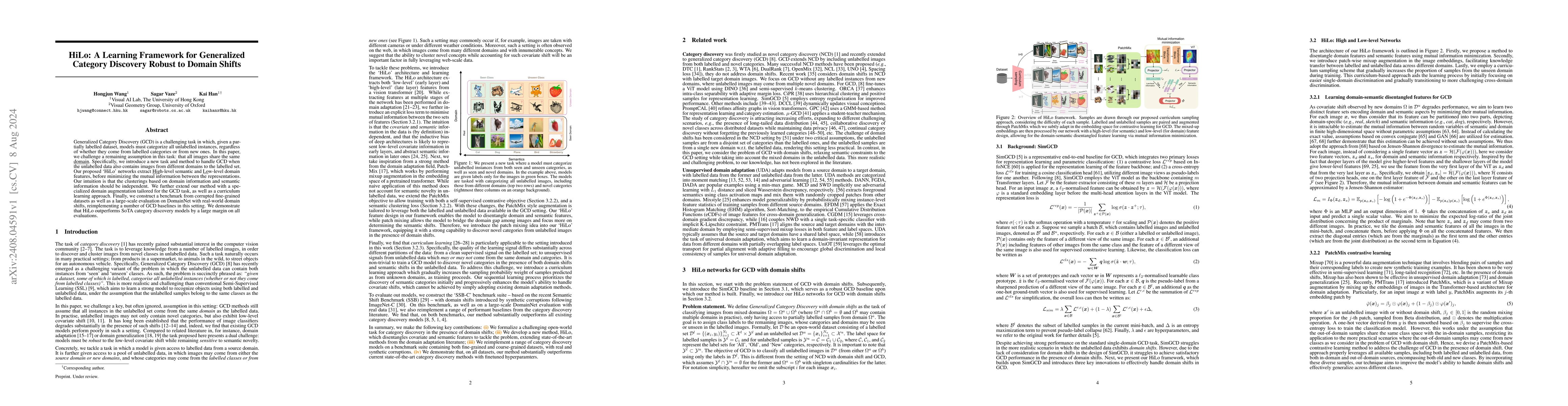 Thumbnail for HiLo: A Learning Framework for Generalized Category Discovery Robust to
  Domain Shifts