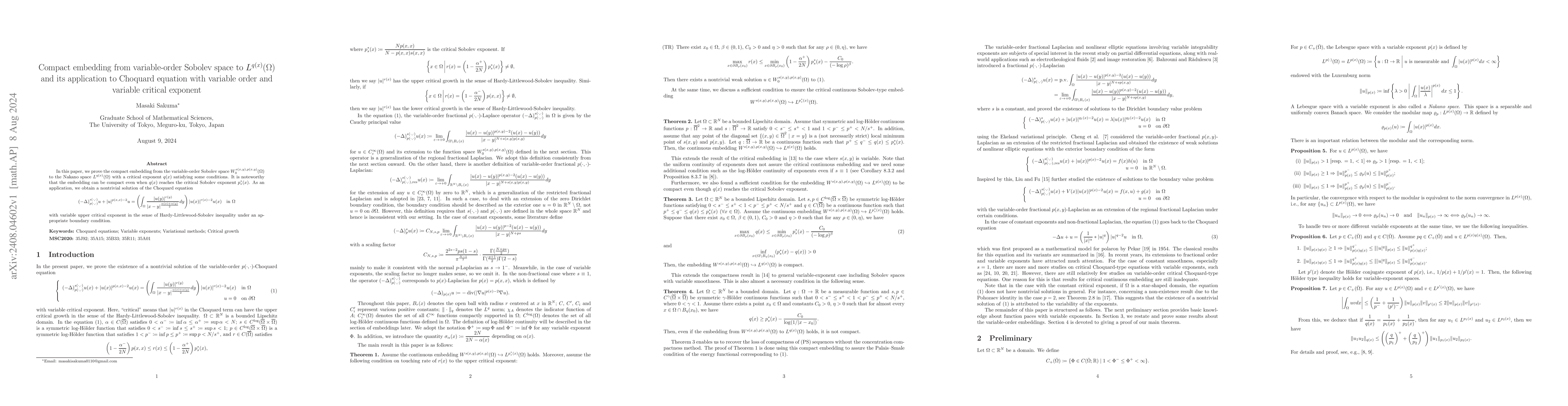 Thumbnail for Compact embedding from variable-order Sobolev space to
  $L^{q(x)}(Ω)$ and its application to Choquard equation with variable
  order and variable critical exponent