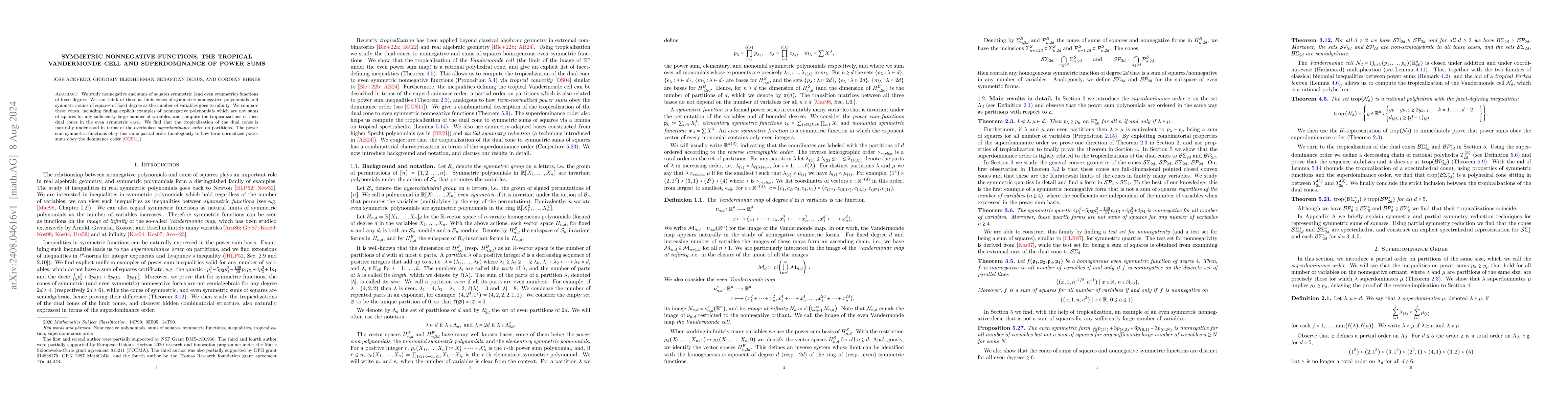 Thumbnail for Symmetric nonnegative functions, the tropical Vandermonde cell and
  superdominance of power sums