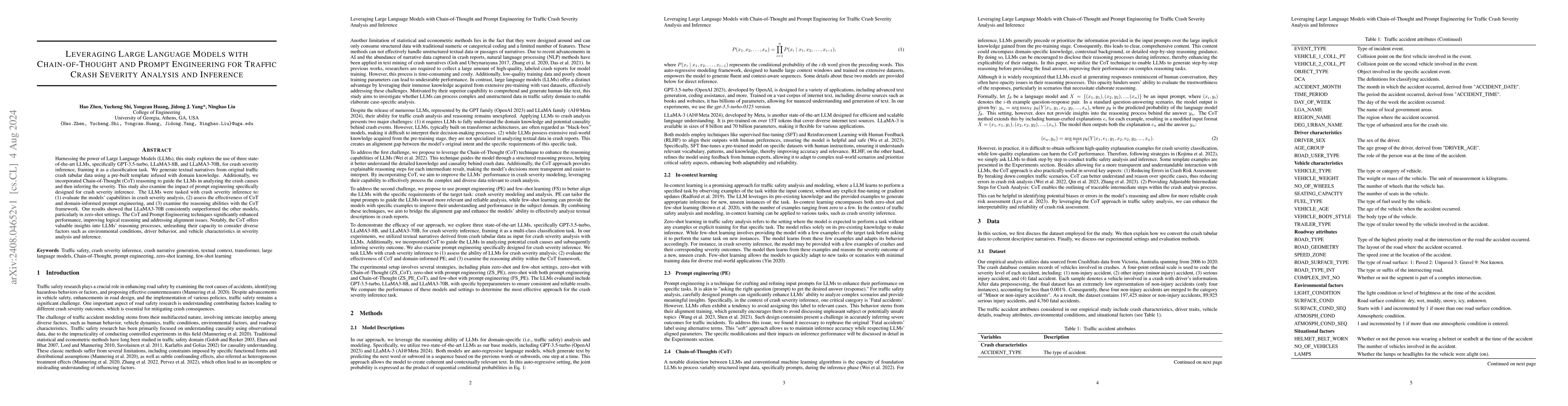Thumbnail for Leveraging Large Language Models with Chain-of-Thought and Prompt
  Engineering for Traffic Crash Severity Analysis and Inference