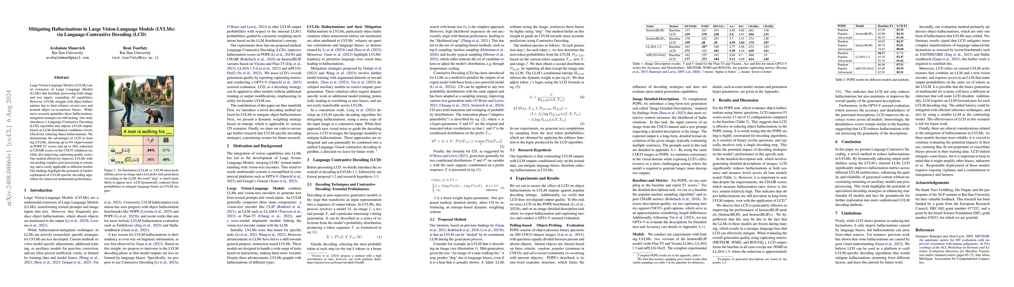 Thumbnail for Mitigating Hallucinations in Large Vision-Language Models (LVLMs) via
  Language-Contrastive Decoding (LCD)