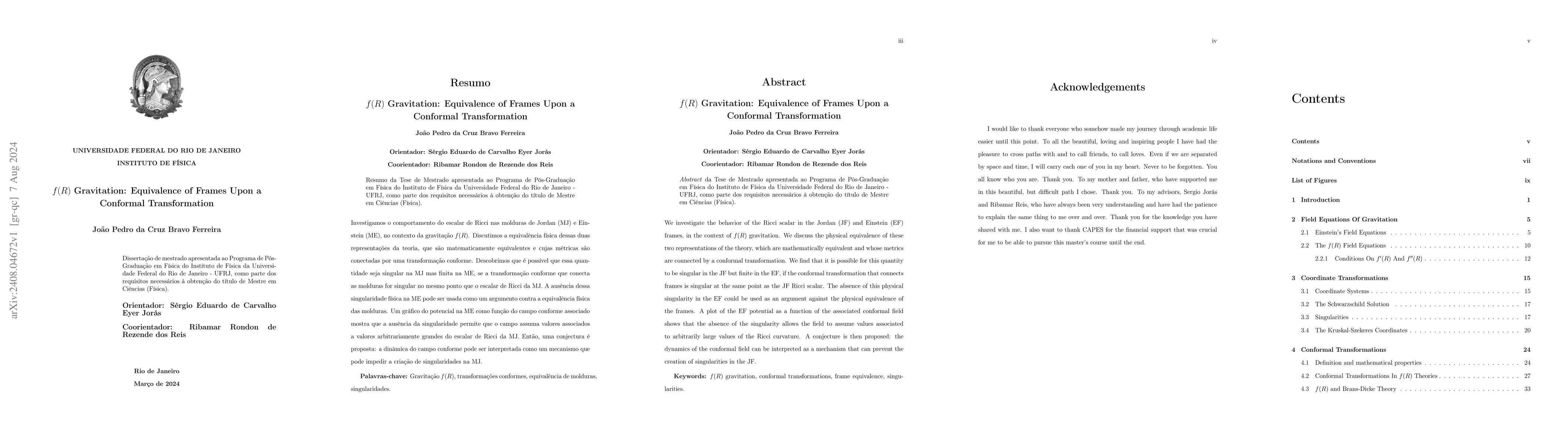 Thumbnail for f(R) Gravitation: Equivalence of Frames Upon a Conformal Transformation