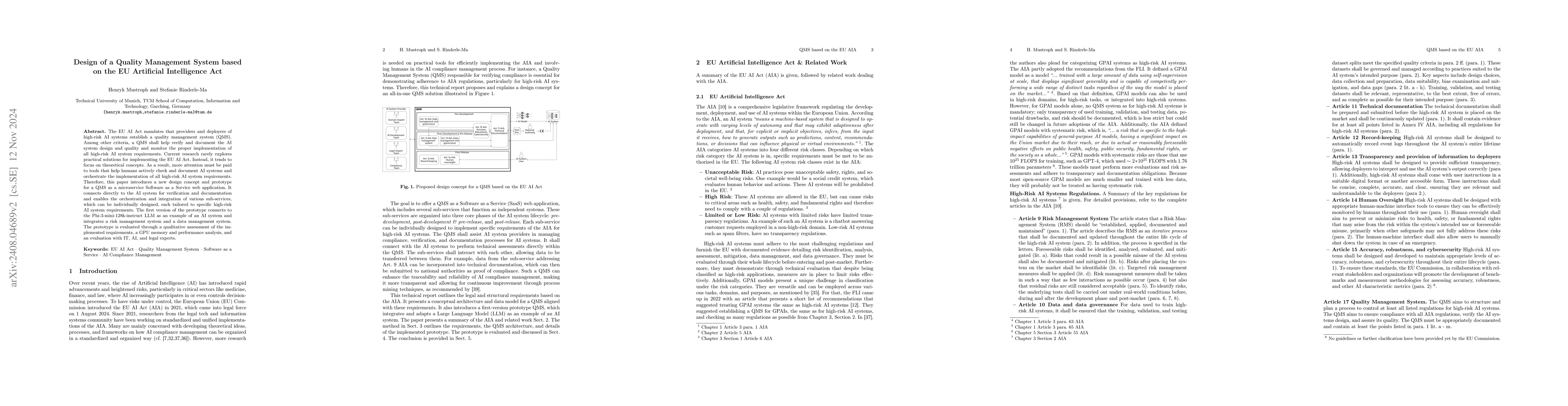 Thumbnail for Design of a Quality Management System based on the EU Artificial
  Intelligence Act