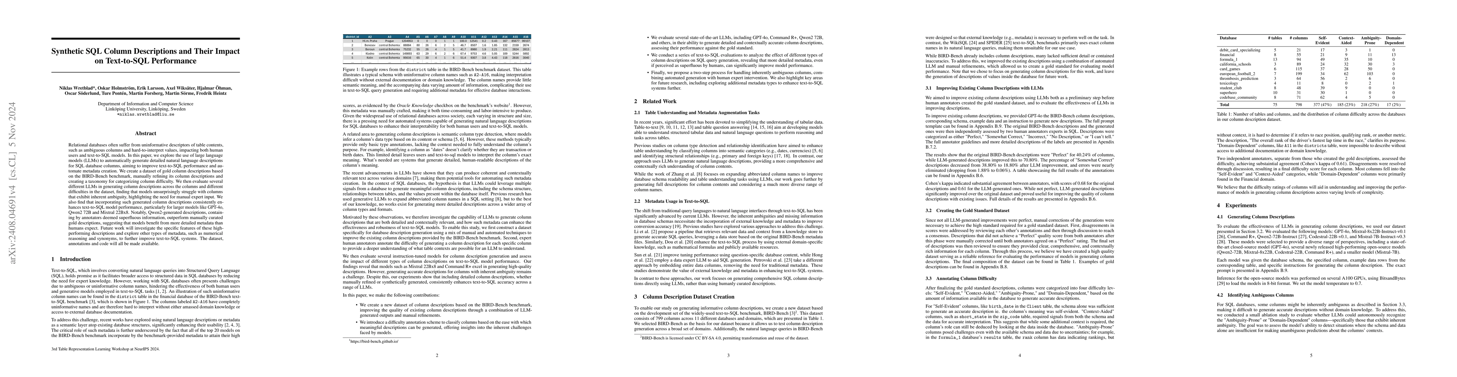 Thumbnail for Improving Relational Database Interactions with Large Language Models:
  Column Descriptions and Their Impact on Text-to-SQL Performance