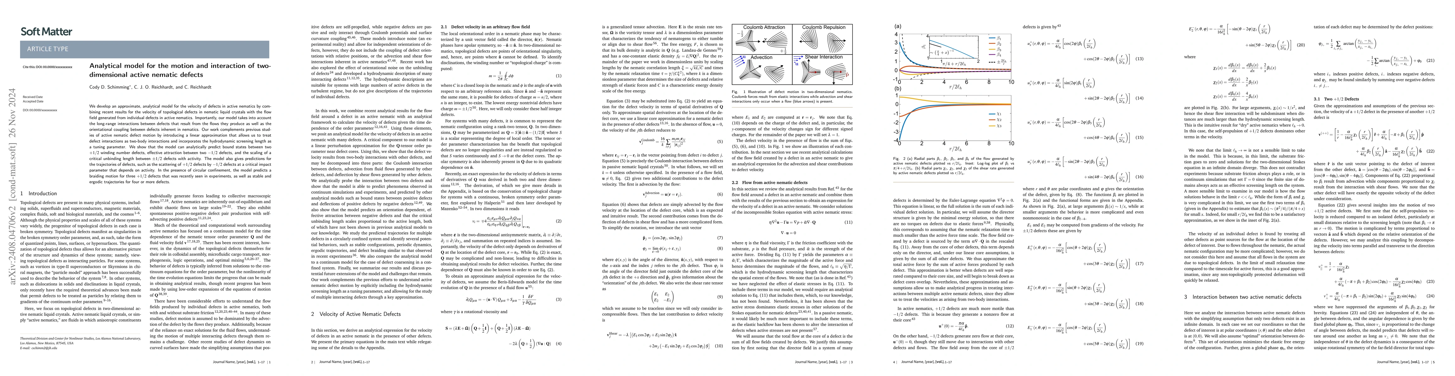 Thumbnail for Analytical model for the motion and interaction of two-dimensional
  active nematic defects