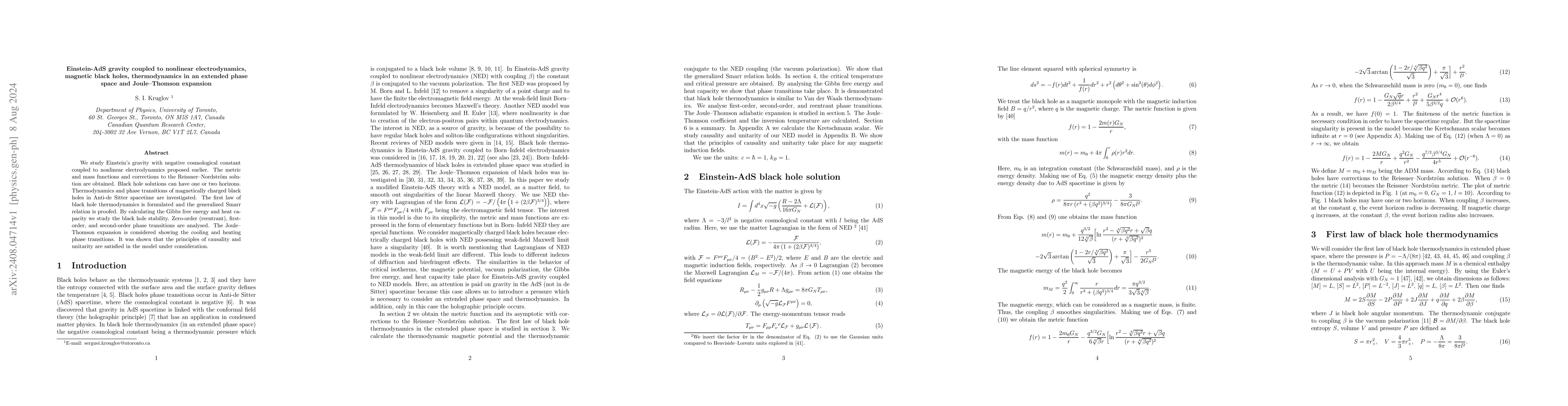Thumbnail for Einstein-AdS gravity coupled to nonlinear electrodynamics, magnetic
  black holes, thermodynamics in an extended phase space and Joule--Thomson
  expansion