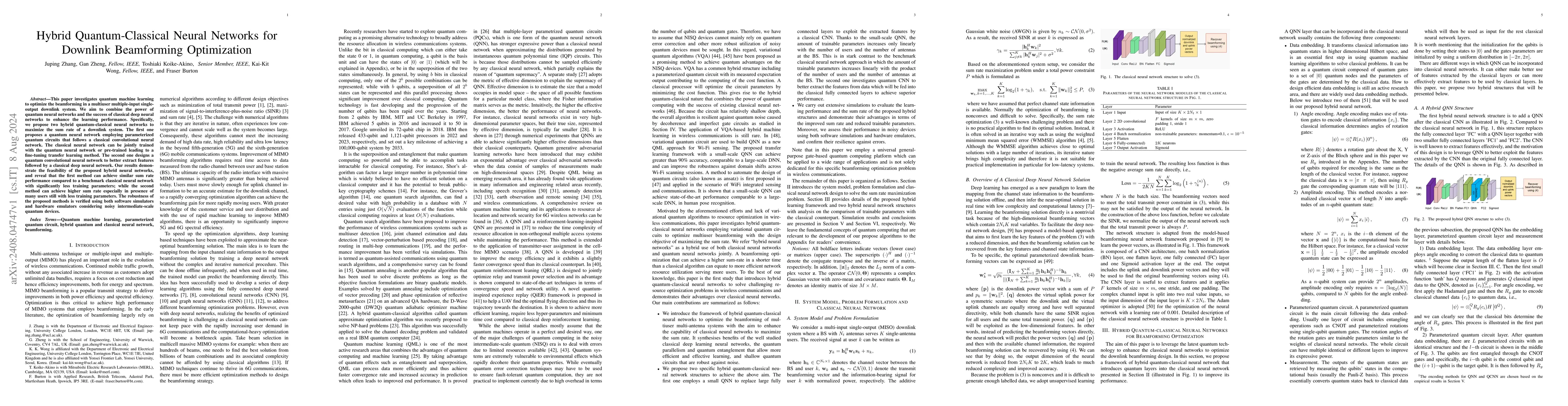 Thumbnail for Hybrid Quantum-Classical Neural Networks for Downlink Beamforming
  Optimization