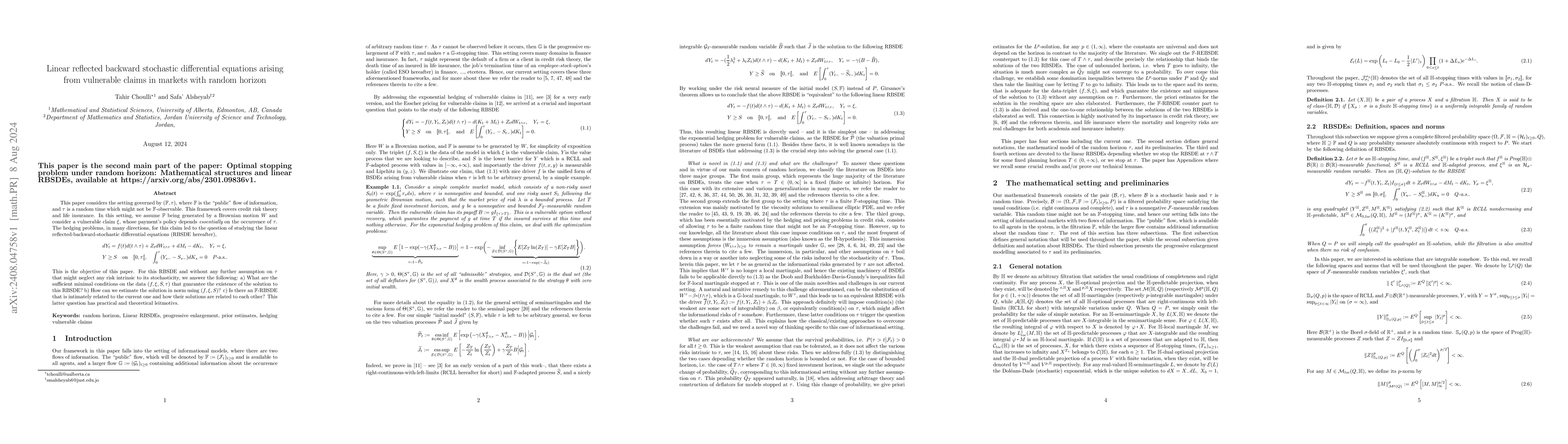Thumbnail for Linear reflected backward stochastic differential equations arising from
  vulnerable claims in markets with random horizon