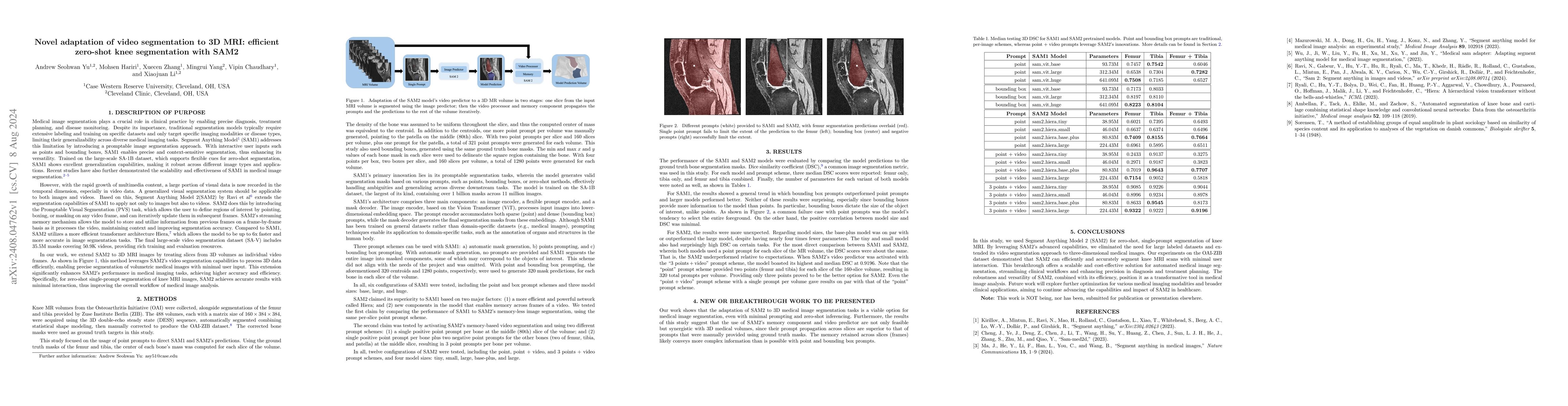 Thumbnail for Novel adaptation of video segmentation to 3D MRI: efficient zero-shot
  knee segmentation with SAM2