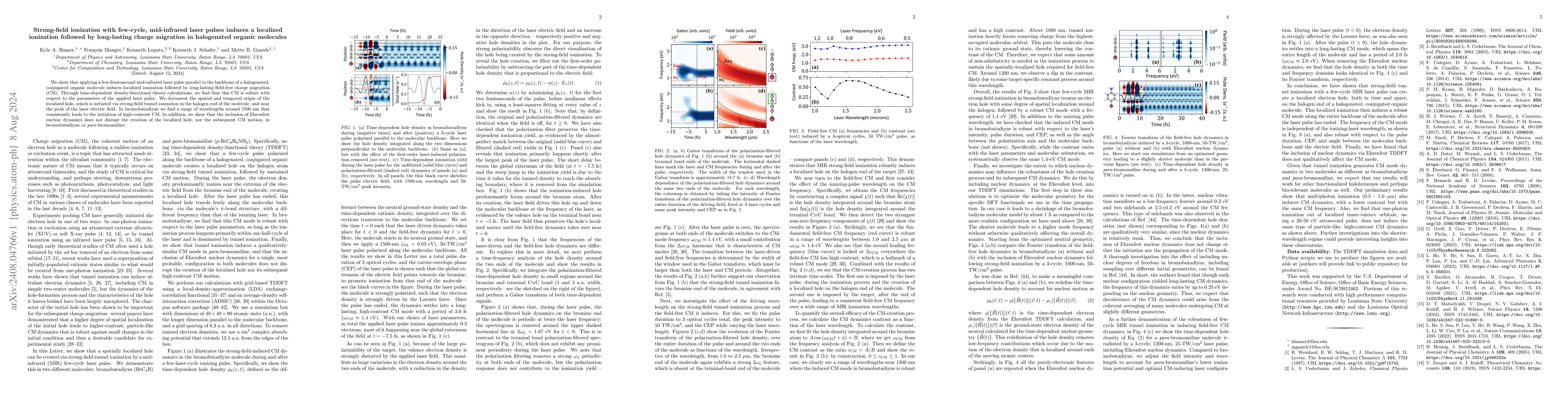 Thumbnail for Strong-field ionization with few-cycle, mid-infrared laser pulses
  induces a localized ionization followed by long-lasting charge migration in
  halogenated organic molecules