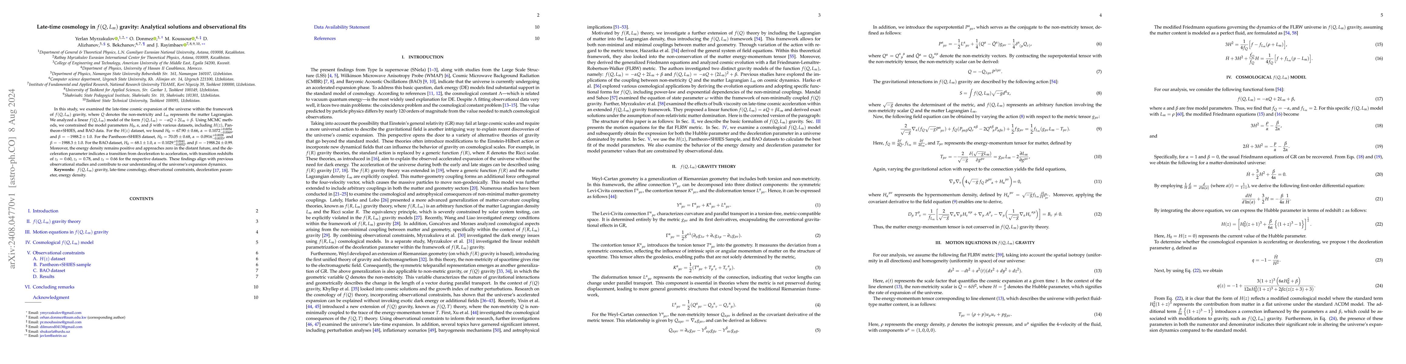 Thumbnail for Late-time cosmology in $f(Q, L_m)$ gravity: Analytical solutions and
  observational fits