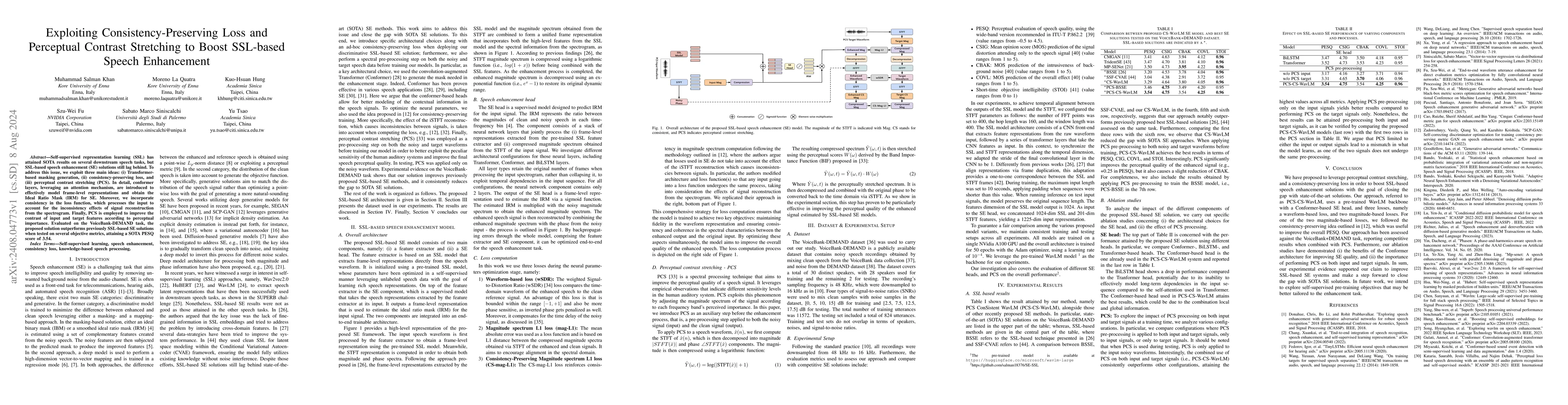 Thumbnail for Exploiting Consistency-Preserving Loss and Perceptual Contrast
  Stretching to Boost SSL-based Speech Enhancement