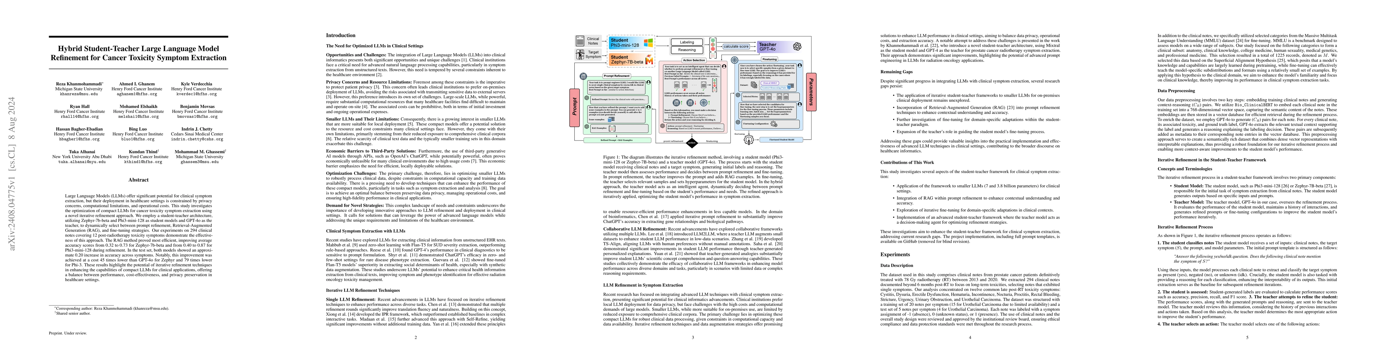 Thumbnail for Hybrid Student-Teacher Large Language Model Refinement for Cancer
  Toxicity Symptom Extraction