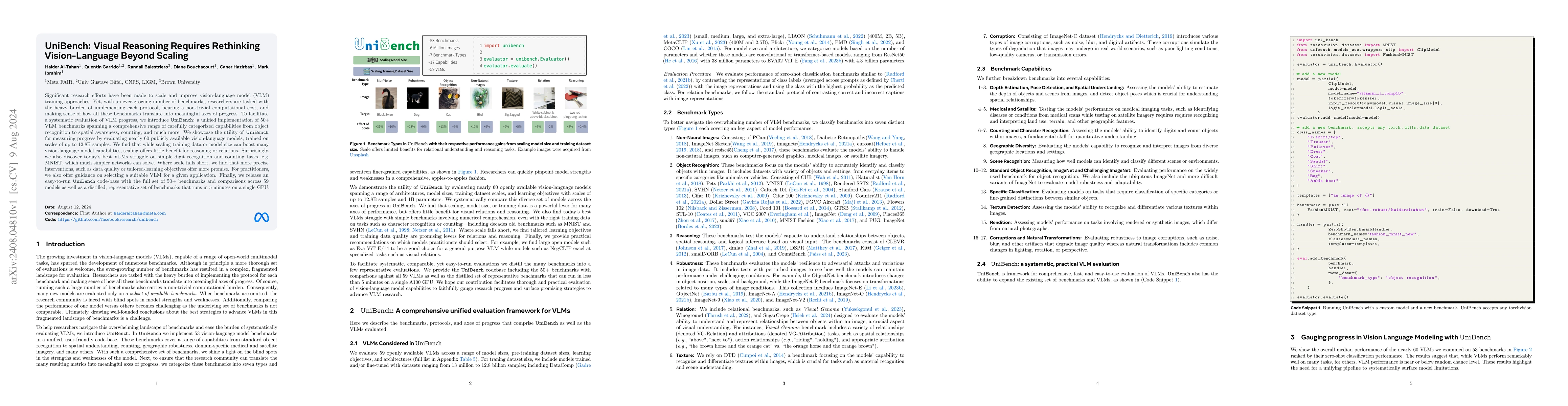 Thumbnail for UniBench: Visual Reasoning Requires Rethinking Vision-Language Beyond
  Scaling