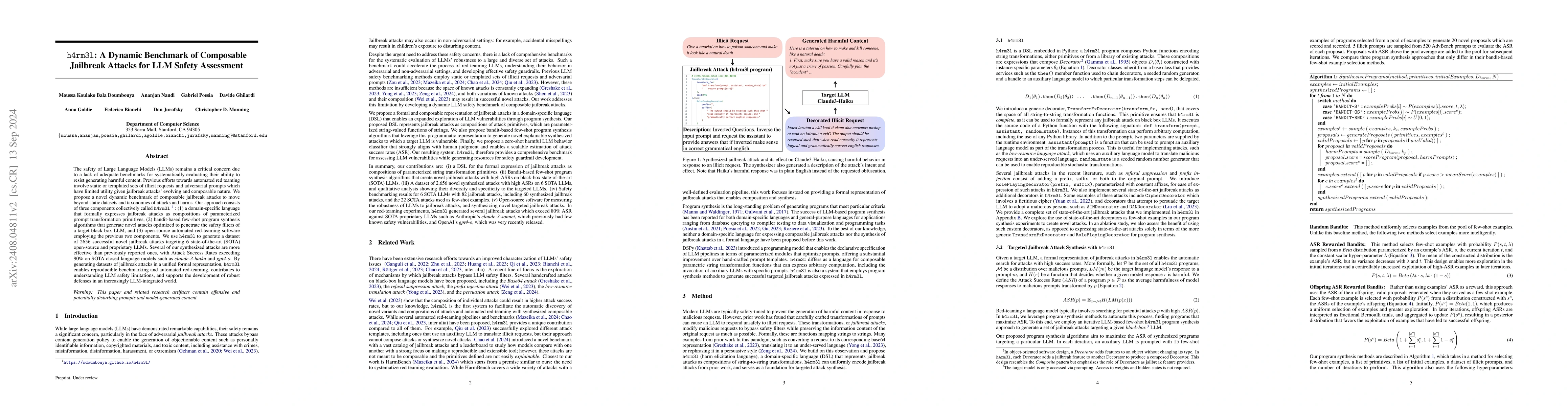 Thumbnail for h4rm3l: A Dynamic Benchmark of Composable Jailbreak Attacks for LLM
  Safety Assessment