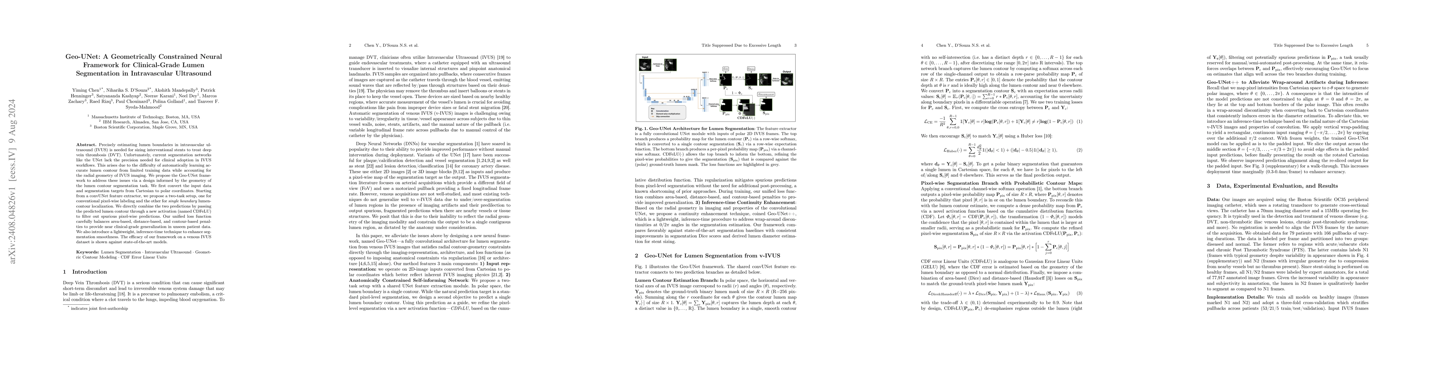 Thumbnail for Geo-UNet: A Geometrically Constrained Neural Framework for
  Clinical-Grade Lumen Segmentation in Intravascular Ultrasound
