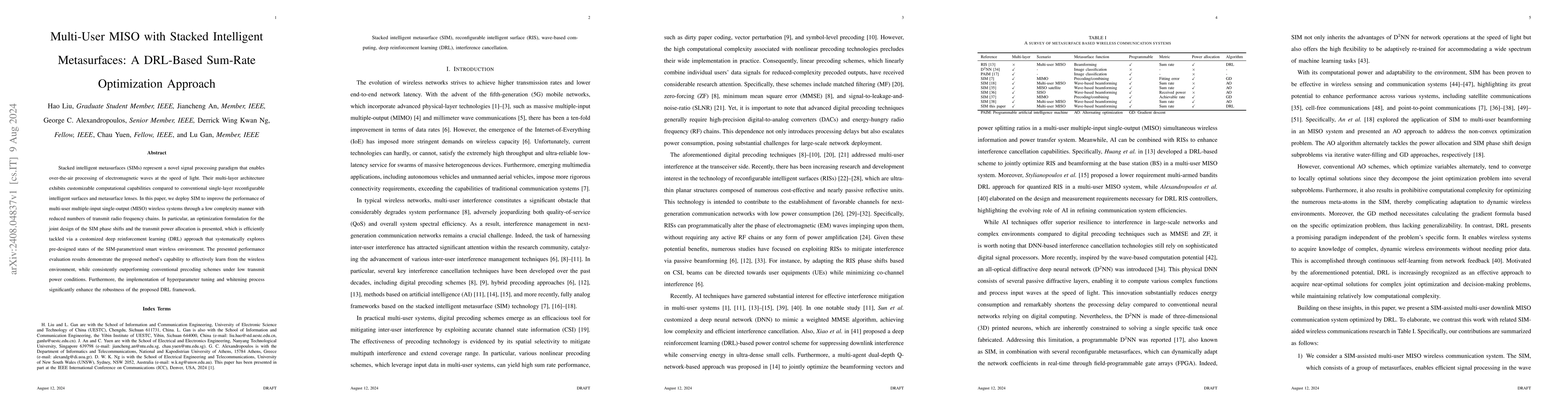 Thumbnail for Multi-User MISO with Stacked Intelligent Metasurfaces: A DRL-Based
  Sum-Rate Optimization Approach